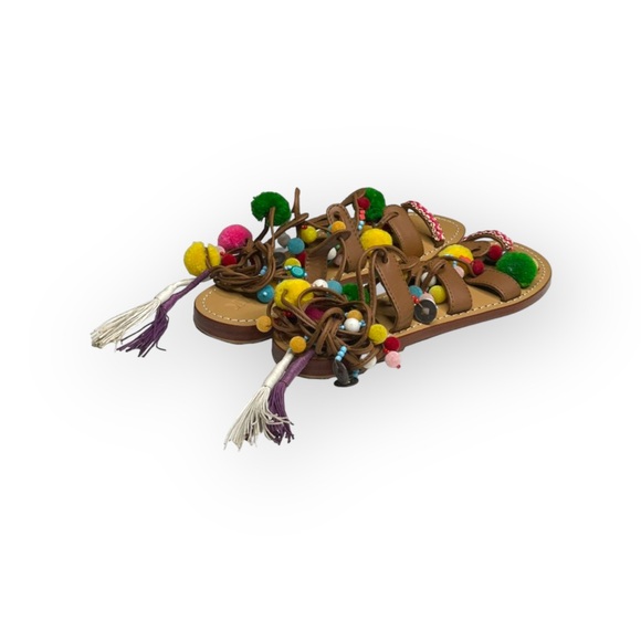 VHTF: new Mystique x Anthro 𖦹 Tokyo Pom Pom Ankle Wrap Toe Loop Leather Sandal - Picture 6 of 17